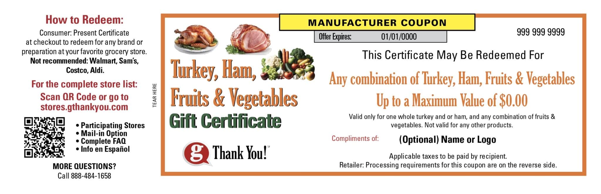 Turkey or Ham and Fruits and Vegetables Gift Certificate